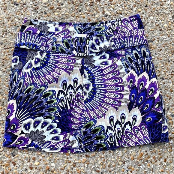 Bamboo Traders Peacock Feather Purple Print Mini Skirt Size 10 P - Picture 1 of 6